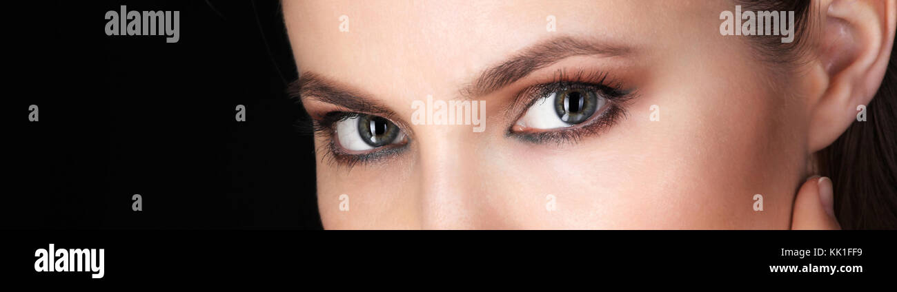 Beautiful eyes of Adult Woman with Clean Fresh Skin close up view. Beauty Portrait.  Pure Beauty Model. Stock Photo