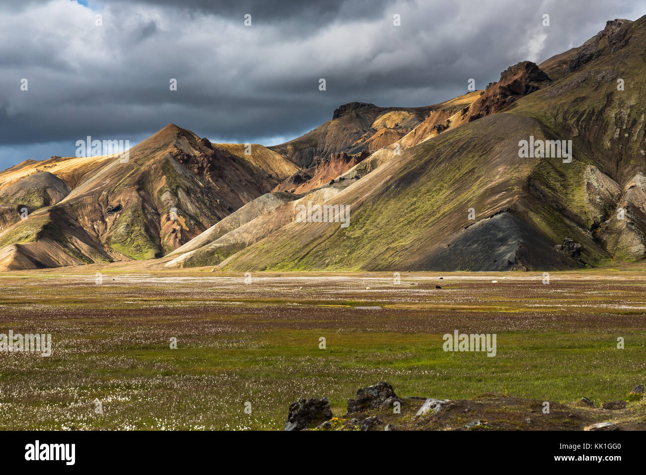 Landmannalaugar is a place in the Fjallabak Nature Reserve in the Highlands of Iceland. It is at the edge of Laugahraun lava field, which was formed i Stock Photo