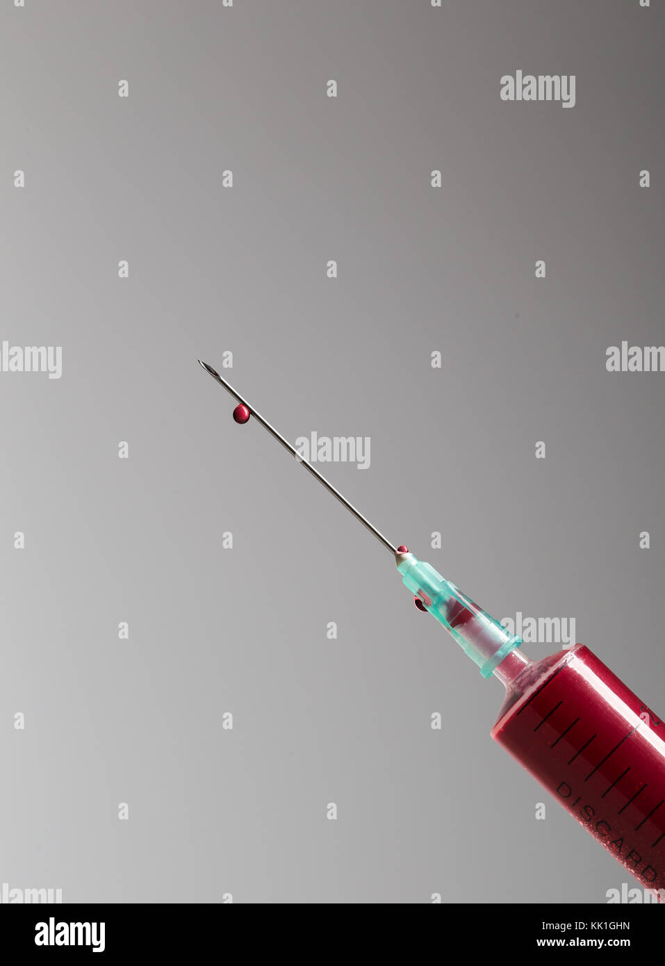 Close up macro view of a syringe / syringes full of coloured fluid