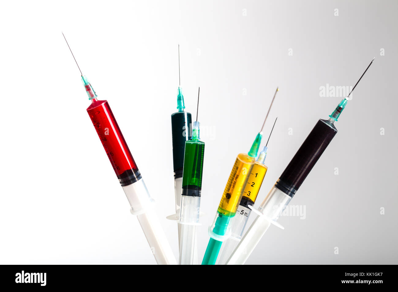 Close up macro view of a syringe / syringes full of coloured fluid