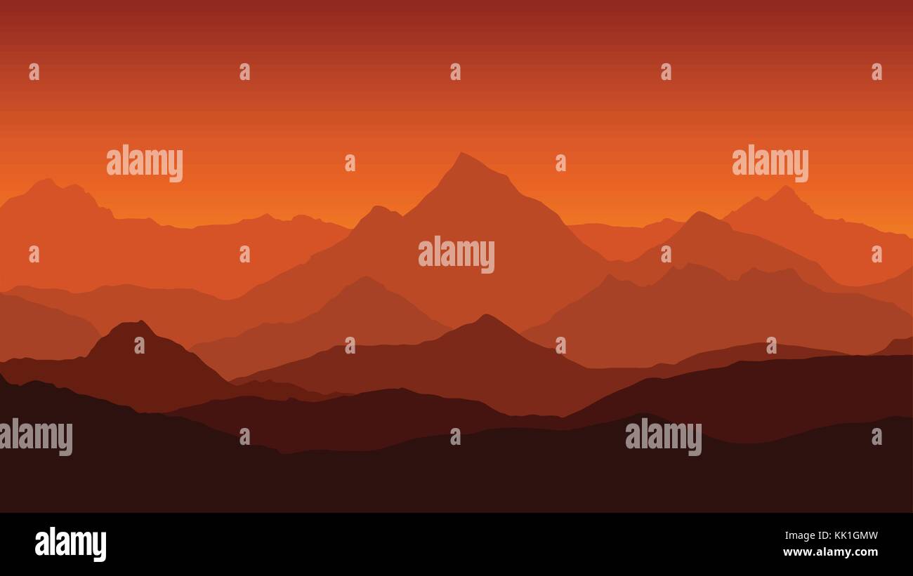 panoramic view of the mountain landscape with fog in the valley below with the alpenglow orange sky and rising sun - vector Stock Vector