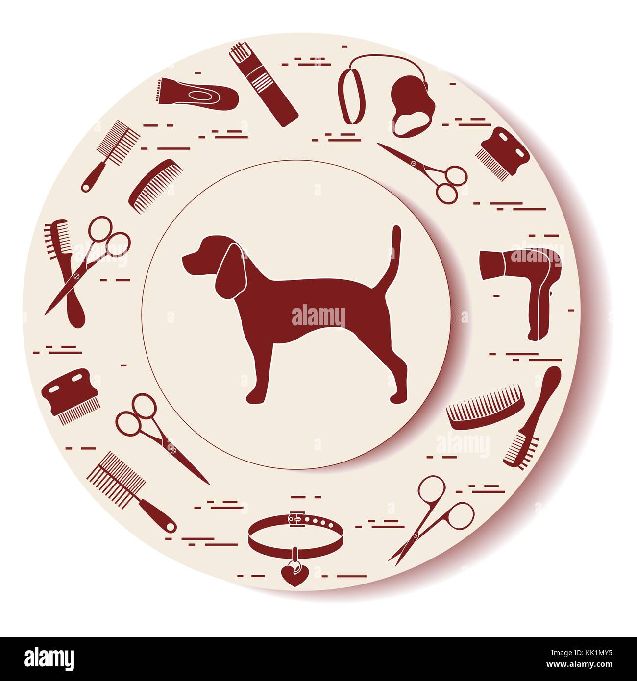 Decorative plate with dog silhouette, combs, collar, leash, razor, hair dryer, scissors. Design for banner, poster or print. Stock Vector