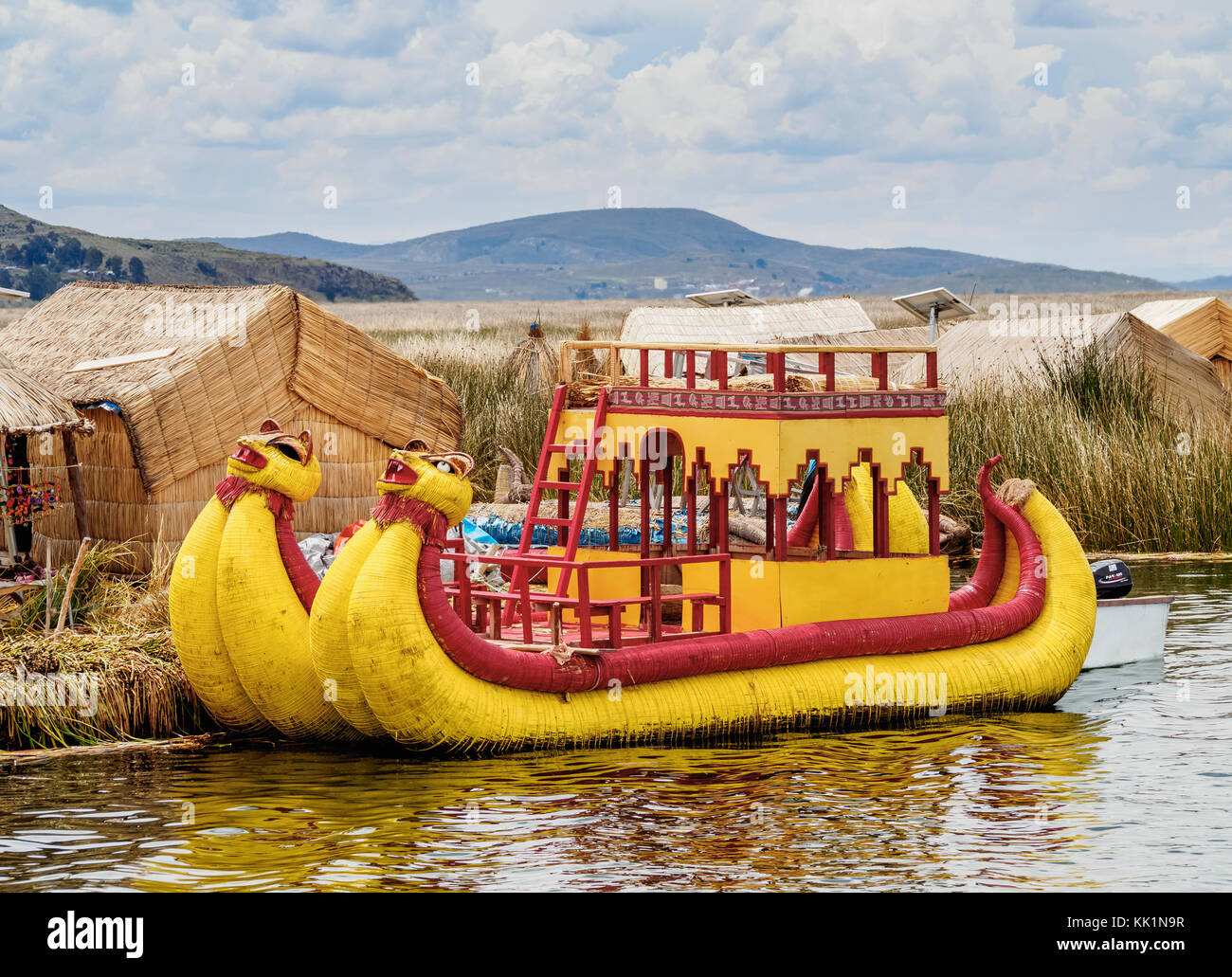 Traditional Reed Boat, Uros Floating Islands, Lake Titicaca, Puno Region, Peru Stock Photo