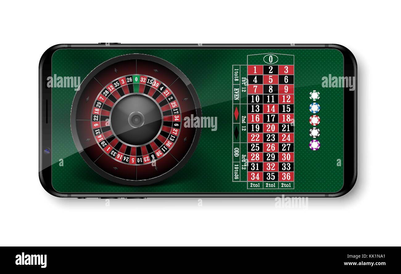 Realistic casino roulette wheel with chips isolated on green table. Online 3d casino roulette on smartphone with place for text. vector illustration Stock Vector