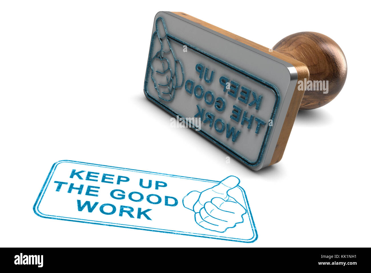 3D illustration of a rubber stamp over white background with the phrase keep up the good work. Stock Photo