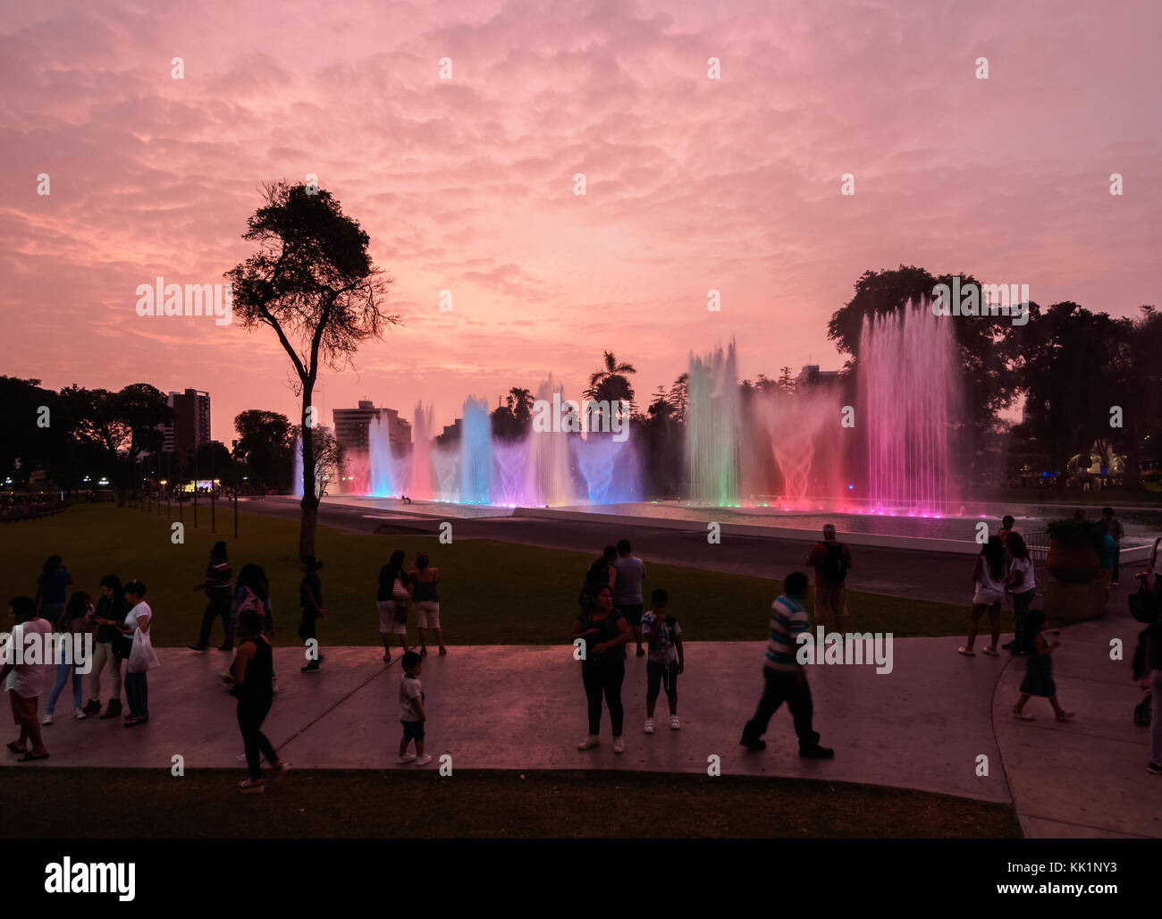 Magic Water Circuit in La Reserva Park, sunset, Lima, Peru Stock Photo