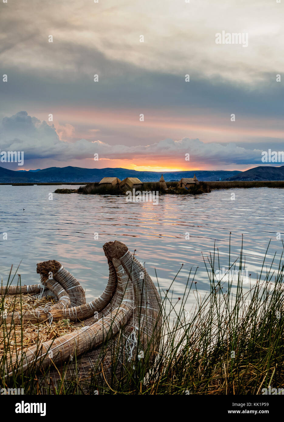 Uros Floating Islands at sunset, Lake Titicaca, Puno Region, Peru Stock Photo