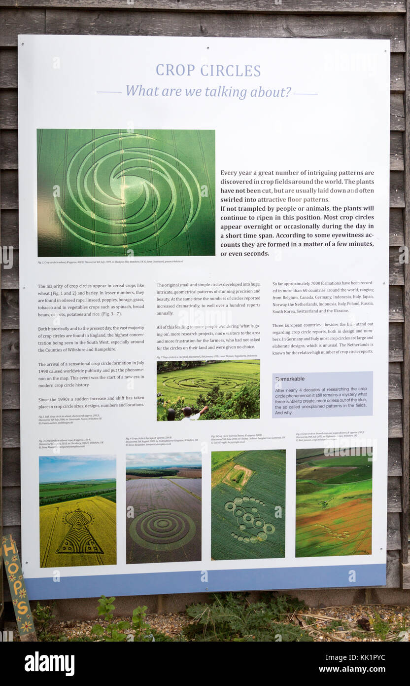 Information board panel about crop circles at the Barge Inn, Honeystreet, Wiltshire, England, UK Stock Photo