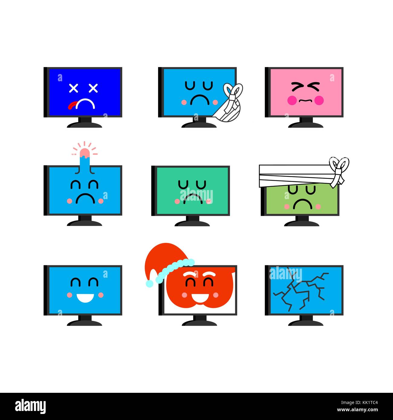 Computer emoji set. Sed and happy PC emotion. sick and dead. Angry and Broken. Santa pc Vector