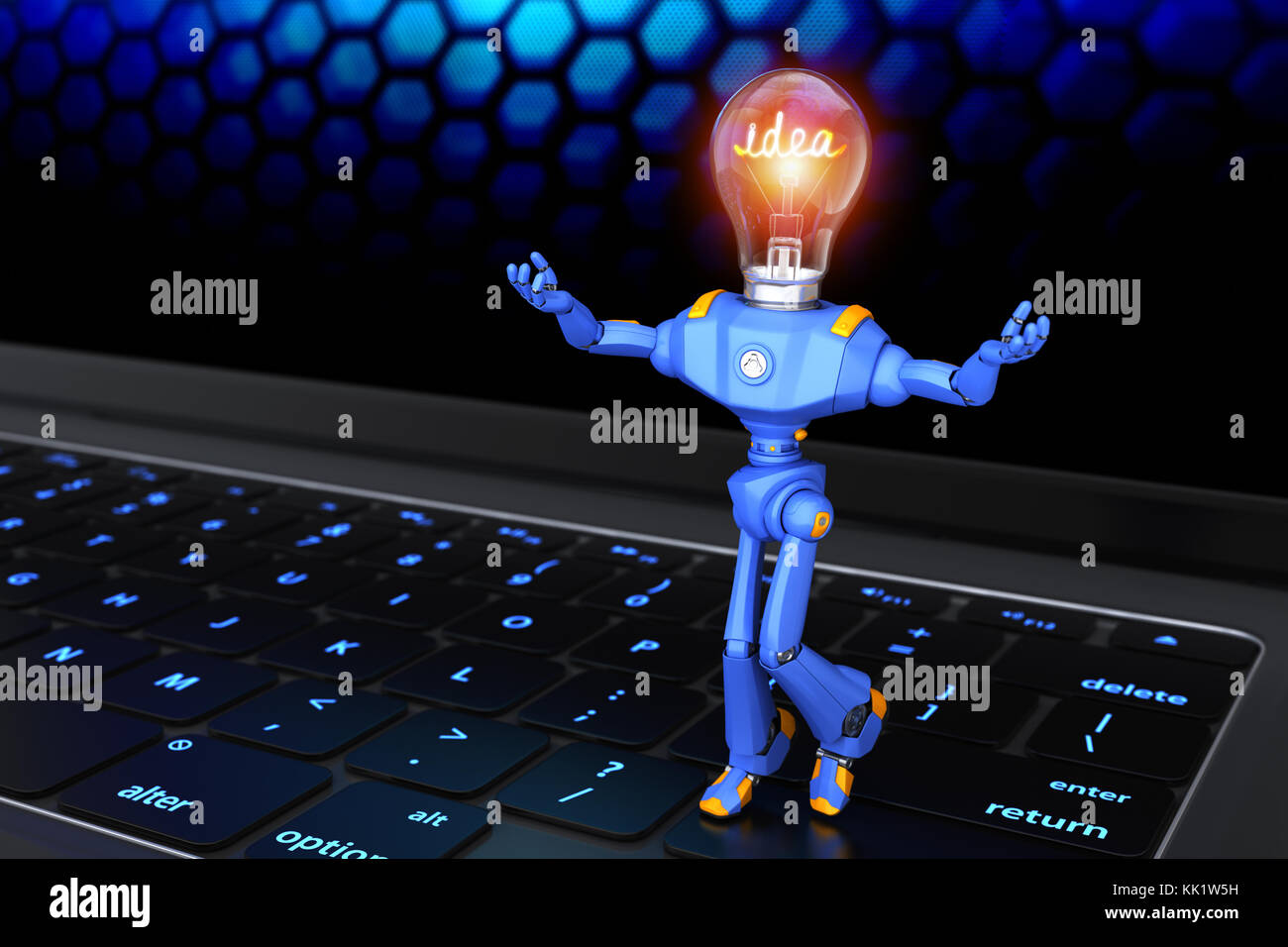 Little robot standing on keyboard. 3D illustration Stock Photo
