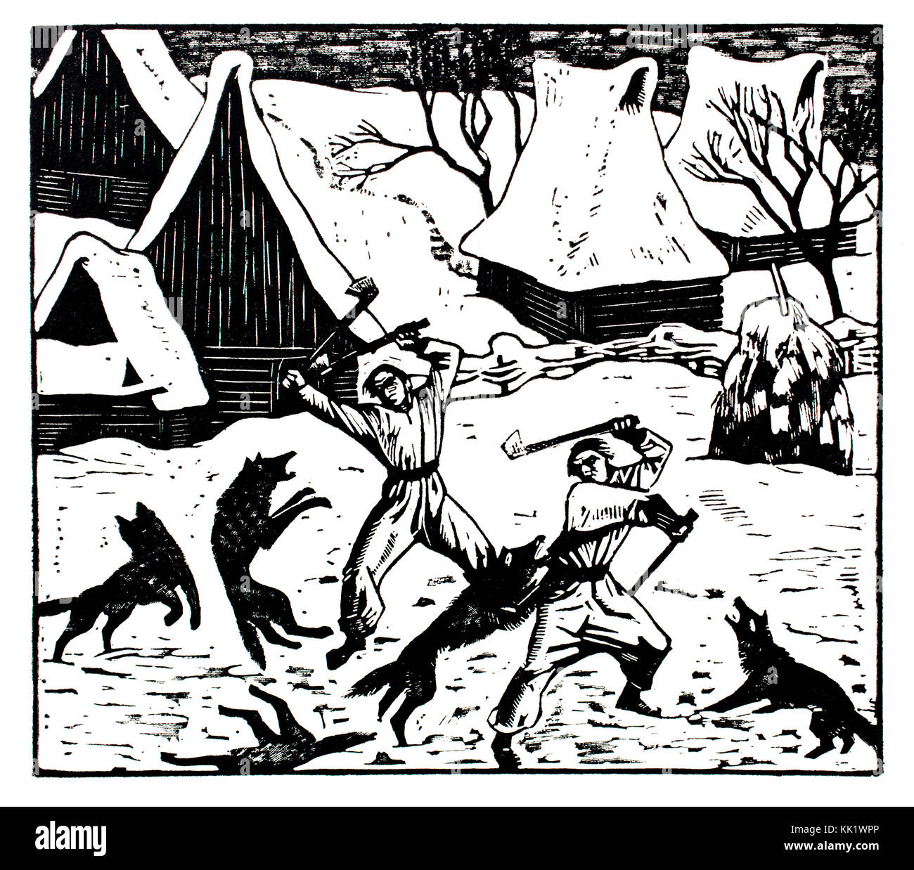 Fighting Wolves, 1920s woodcut illustration by Austrian artist Bernard Rice Stock Photo