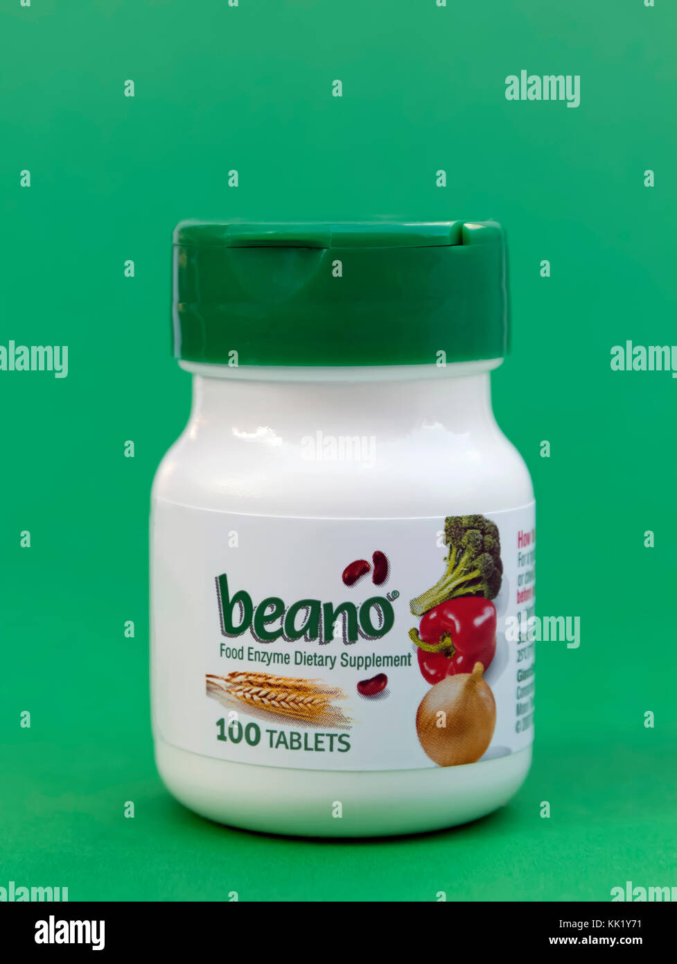 Beano tablets help prevent gas with natural enzymes which break down complex carbohydrates found in foods. Stock Photo