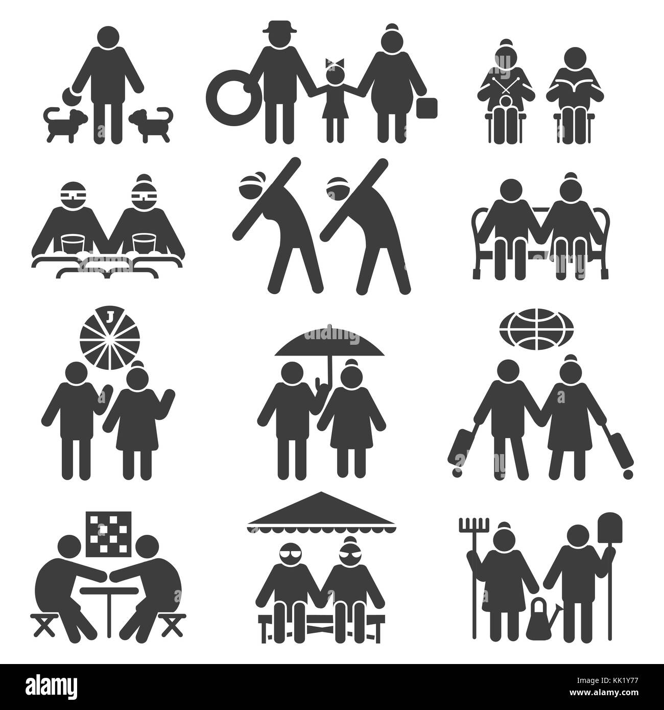 Old people active lifestyle. Elderly couple leisure, retired sports and tourism, grandchildren and health signs, vector icons set Stock Vector