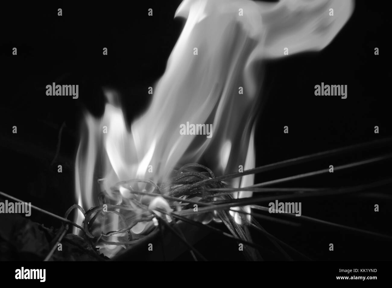 Flame, burning sticks, glass-like flames Stock Photo