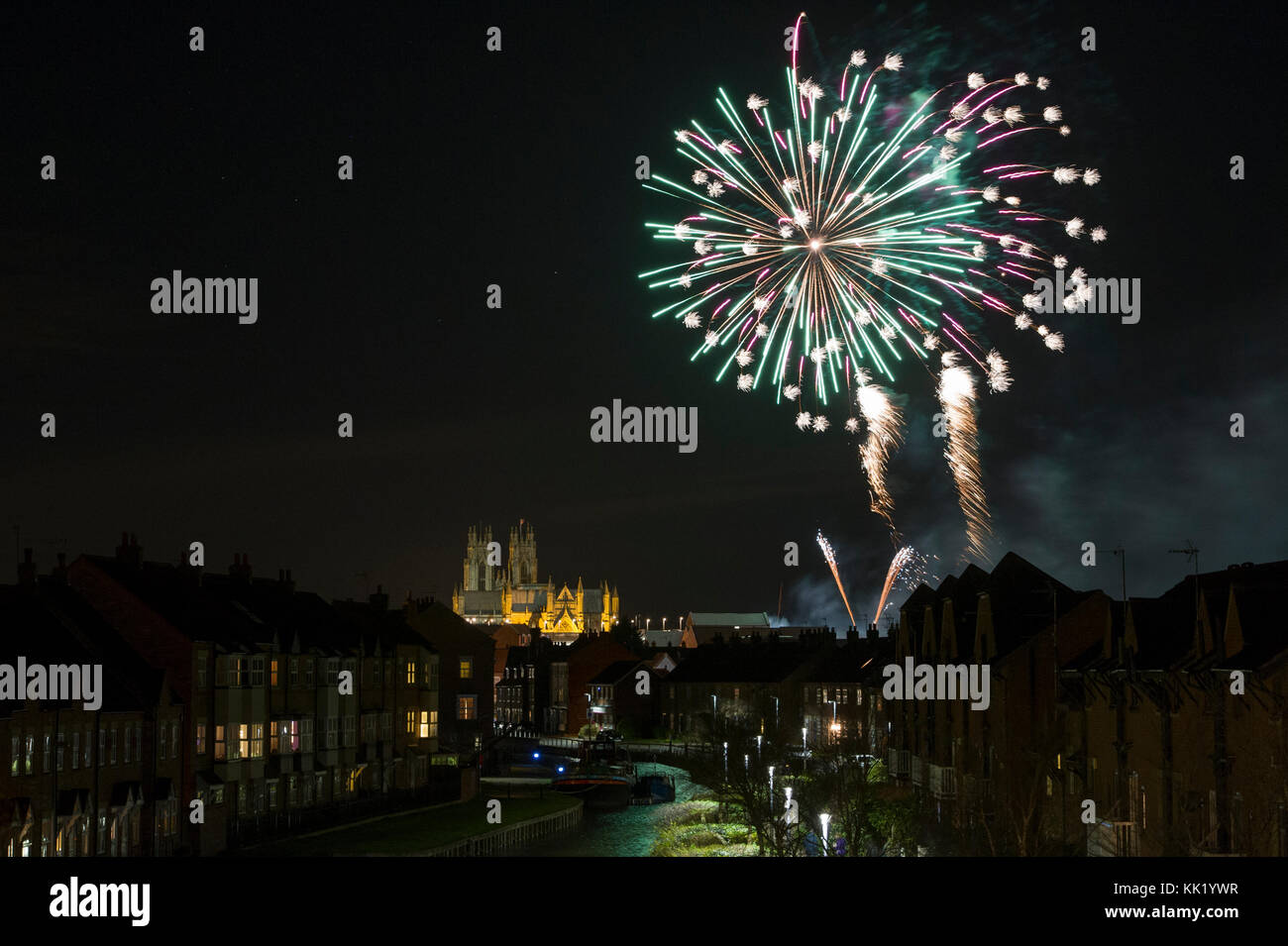 Fireworks display in sky, Beverley Minster, East Yorkshire to launch