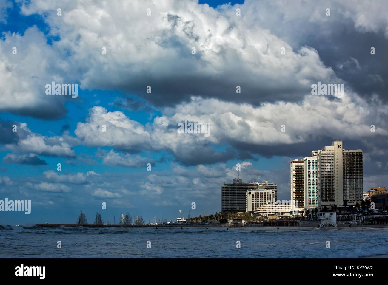 Clouds over Tel Aviv marina and beachfront. Stock Photo
