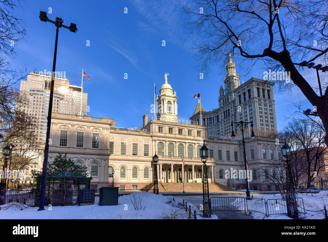 New York City Hall in City Hall Park in the winter. Stock Photo