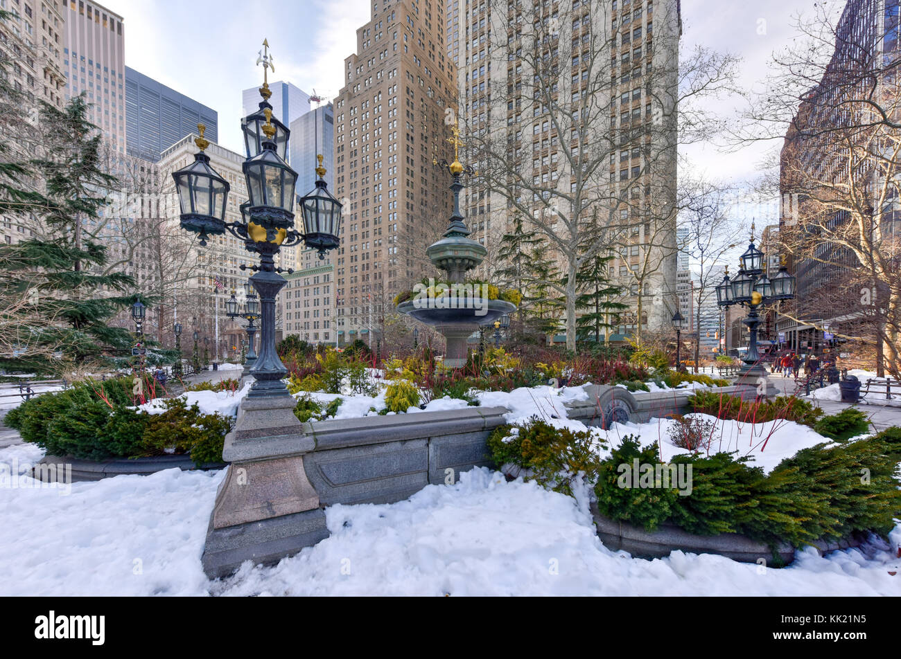City Hall Park Fountain in New York City in the winter. Stock Photo