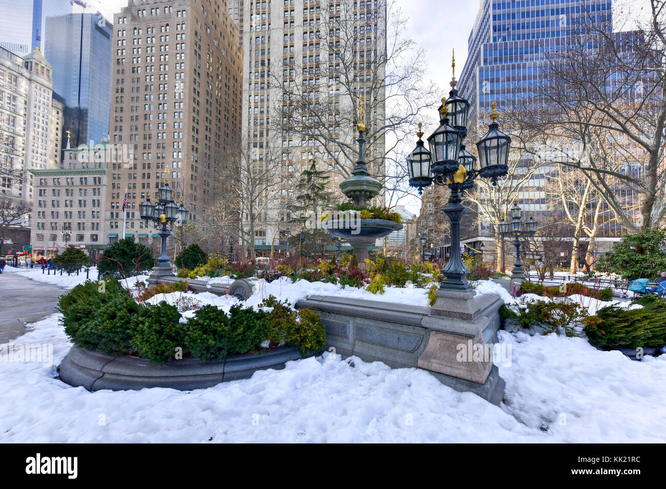 City Hall Park Fountain in New York City in the winter. Stock Photo