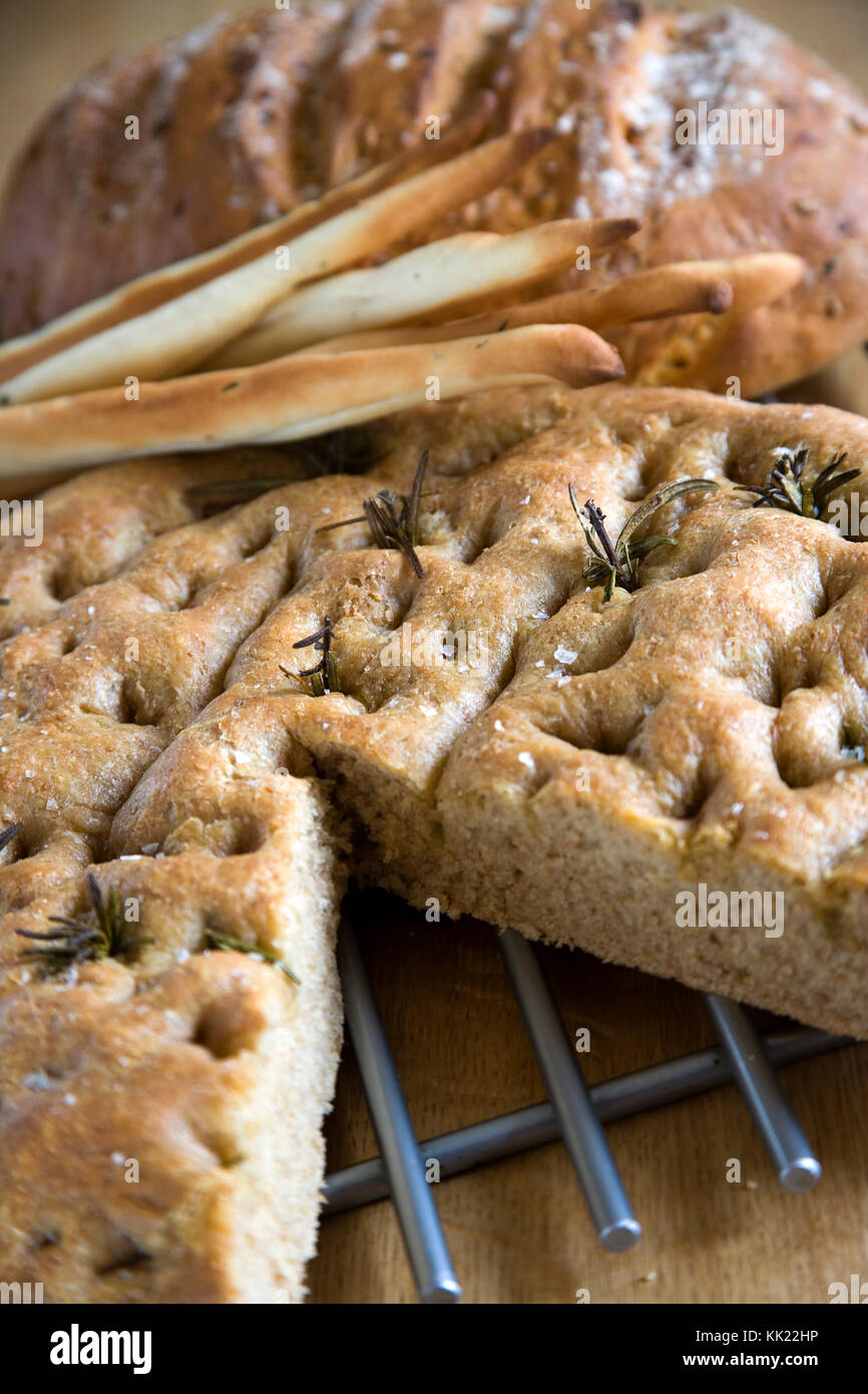 Selection of hand made Italian breads with rosemary, olive oil and sea