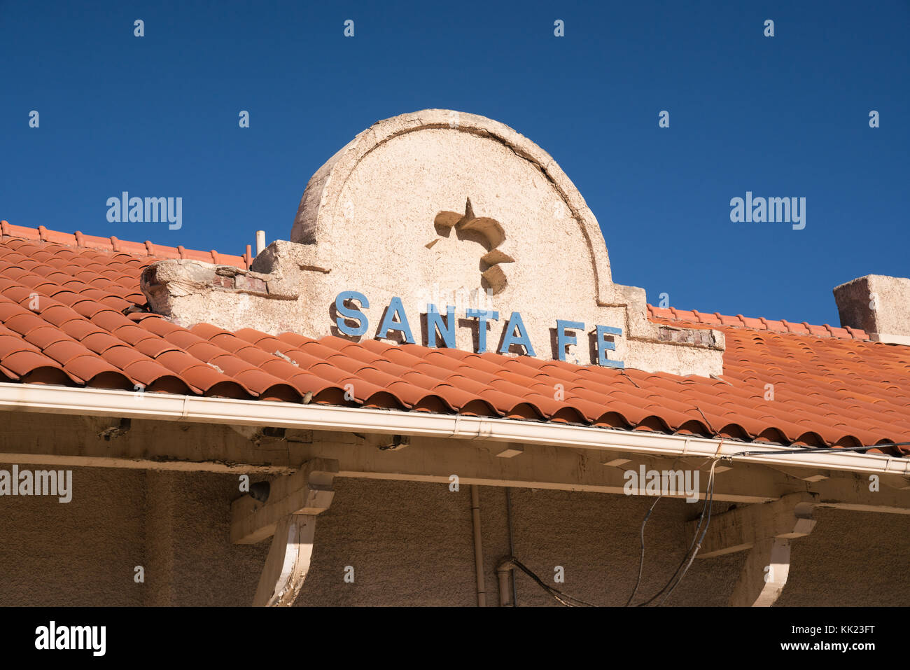 SANTA FE, NM - OCTOBER 13: Santa Fe sign at the entrance to the historic Santa Fe train station on October 13, 2017 Stock Photo