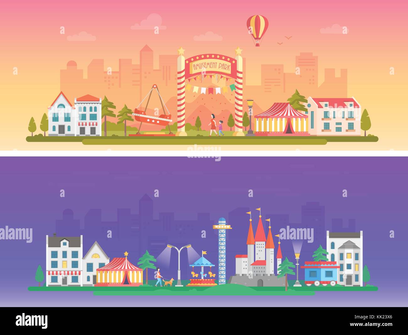 Day, night amusement park - set of modern flat vector illustrations ...