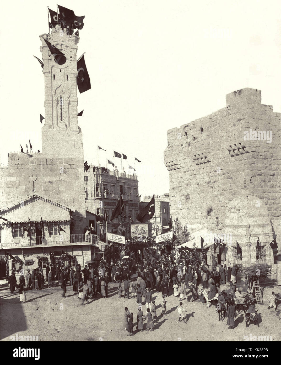 View of Jaffa gate in Jerusalem with turkish flags during the Ottoman rule in Palestine, 1903