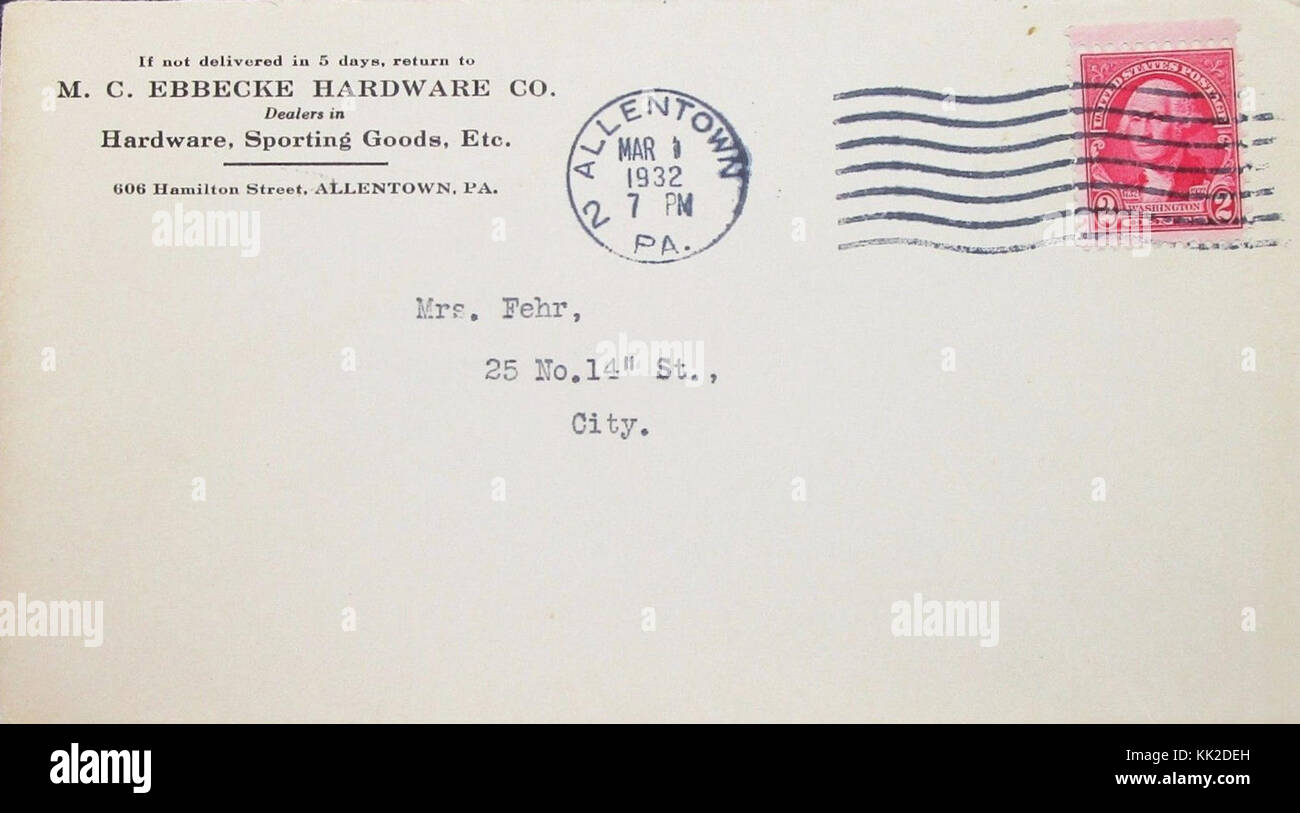 1932 M C Ebbecke Hardware Envelope Allentown PA Stock Photo - Alamy