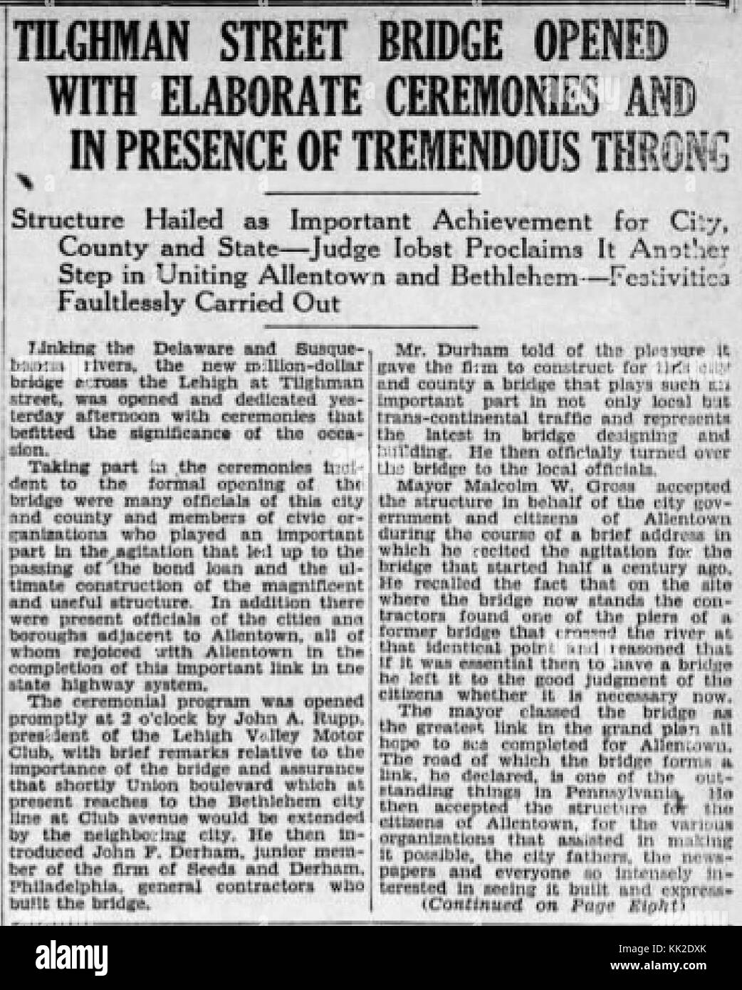 1929 Tilghman Street Viaduct Opening Article 1 15 Sep MC Allentown PA Stock Photo Alamy
