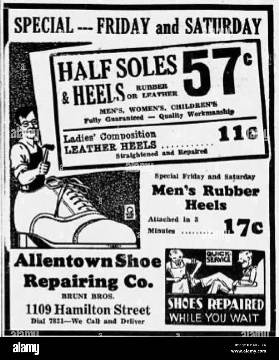 1933   Allentown Shoe Repairing Company 20 Oct MC   Allentown PA Stock Photo
