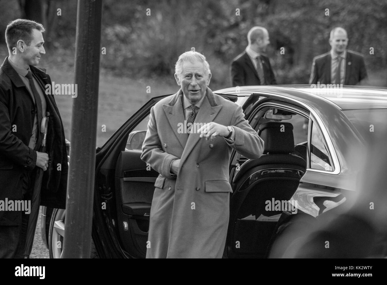 Stoke On Trent, UK. 28th Nov, 2017. Prince Charles and the Duchess of Cornwall left stoke-on-Trent after a day of Royal engagements via the Royal helicopter, that was on Hanley park, Stoke-on-Trent. The Royal couple greeted supporters by the park, as well as council staff, before boarding the Royal helicopter. Stock Photo