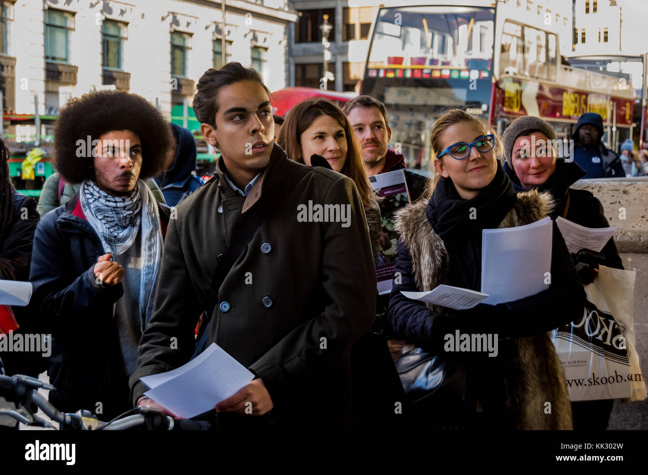 November 28, 2017 - London, UK. 28th November 2017. A campaigner speaks about the activites of Rio TInto on the pavement outside their offices on the 'Toxic Tour' of a few of London's major players among the mining companies violating human rights, killing opposition, displacing indigenous people, polluting water sources and causing climate chaos around the world was one of a week of activities organised as an alternative to the London Mines and Money Conference involving around 2,000 mining company representatives, investors and financiers, organised by London Mining Network, War on Want and Stock Photo