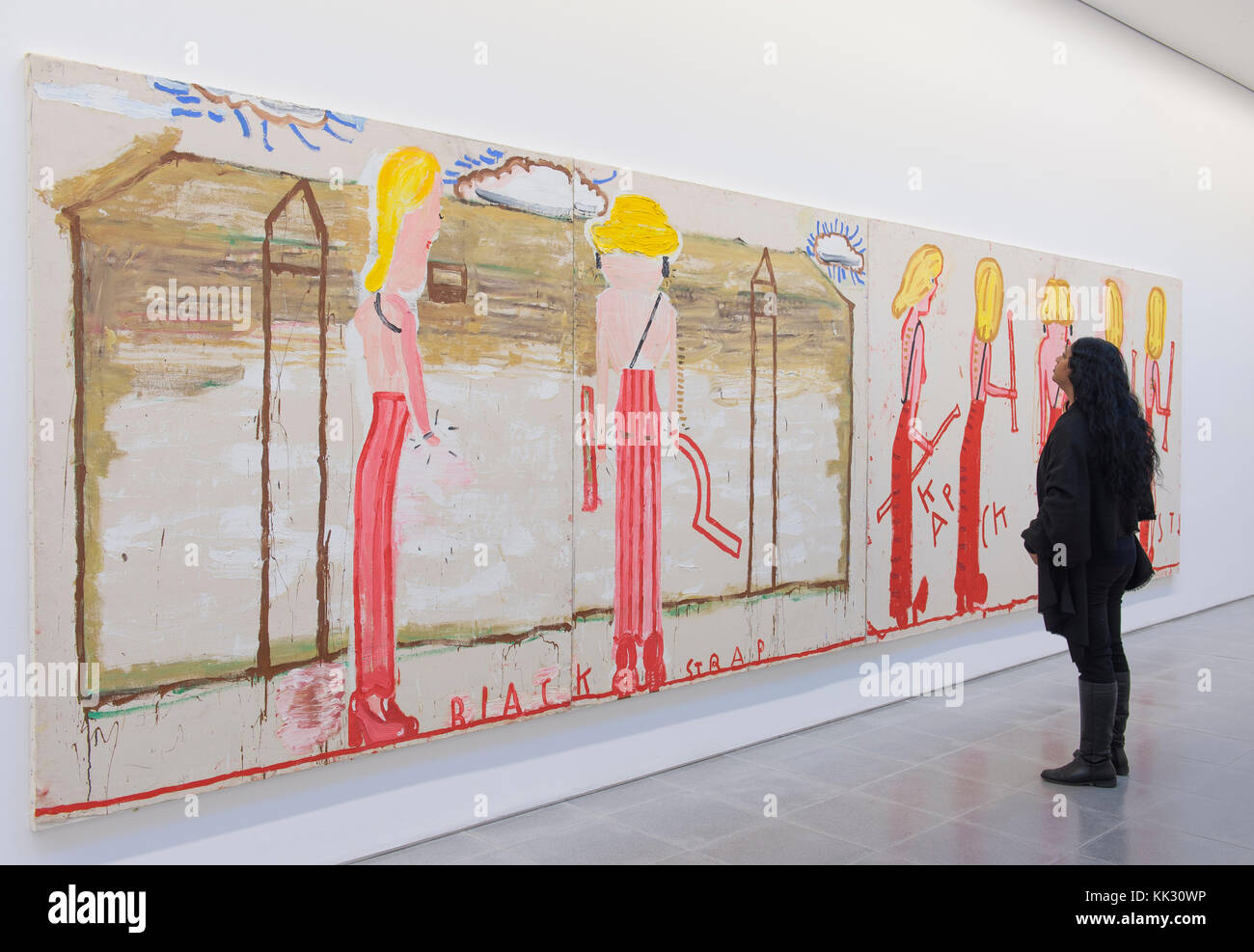 Serpentine Galleries, London, UK. 29 November, 2017. In her first major institutional/London show, British artist Rose Wylie presents her vibrant, large-scale, figurative paintings that depict a range of subjects, from the parkland of Kensington Gardens and an Arsenal vs Spurs match to Quentin Tarantino’s Kill Bill films and celebrity culture, including Elizabeth Taylor, Penelope Cruz and Nicole Kidman. Photo: Black Strap (Eyelashes) 2014; NK (Syracuse Line-up) 2014. Private Collection. Posed with gallery staff. Credit: Malcolm Park/Alamy Live News. Stock Photo