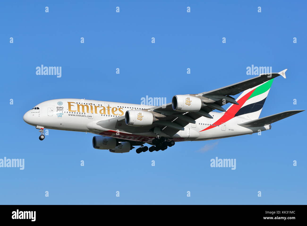 United Emirates Airbus A380 A6-EEC landing at London Heathrow Airport, UK Stock Photo