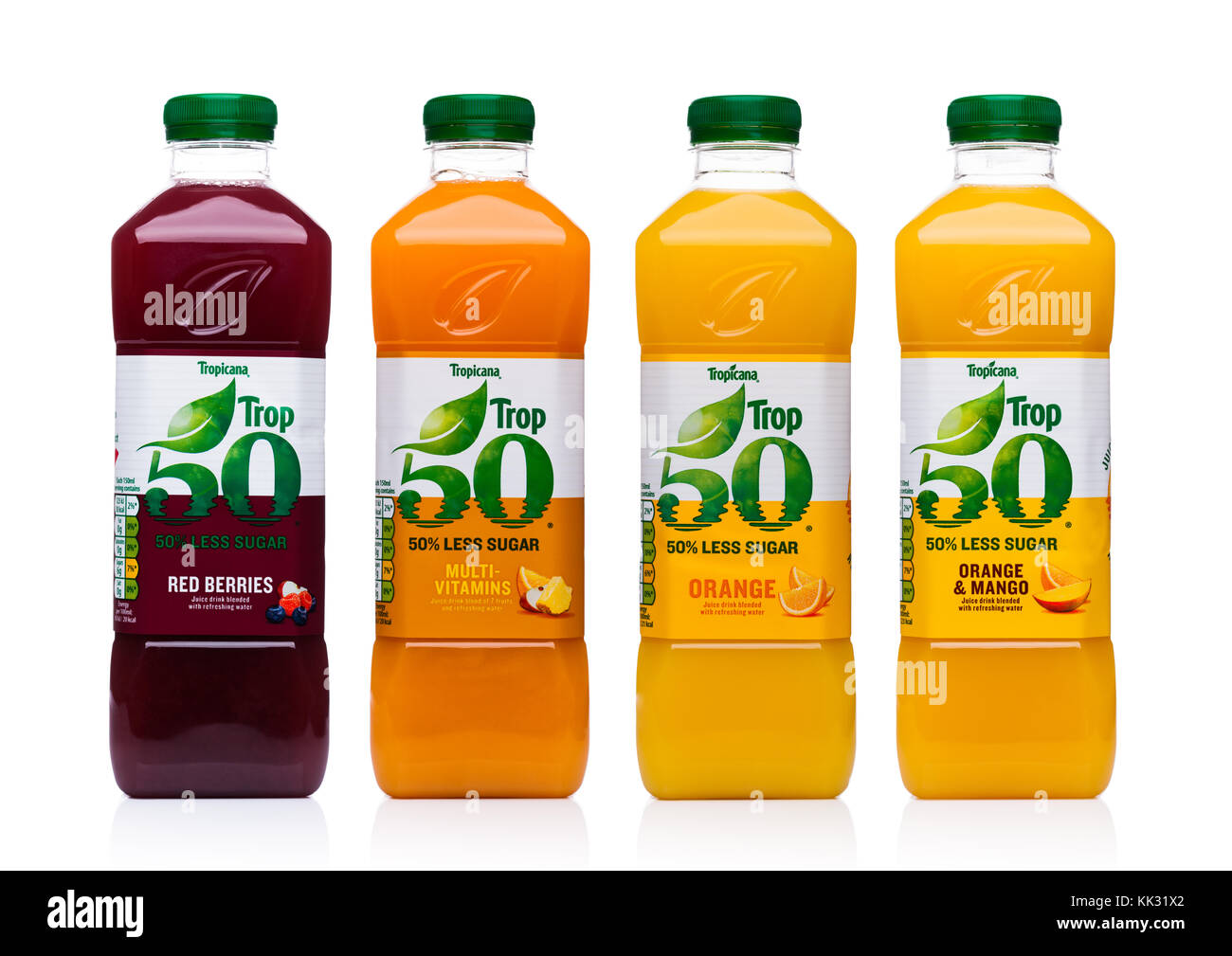 LONDON, UK - November 24, 2017: Bottles of tropicana fruit juices on white background. Tropicana Products Inc. is an American fruit juice multinationa Stock Photo