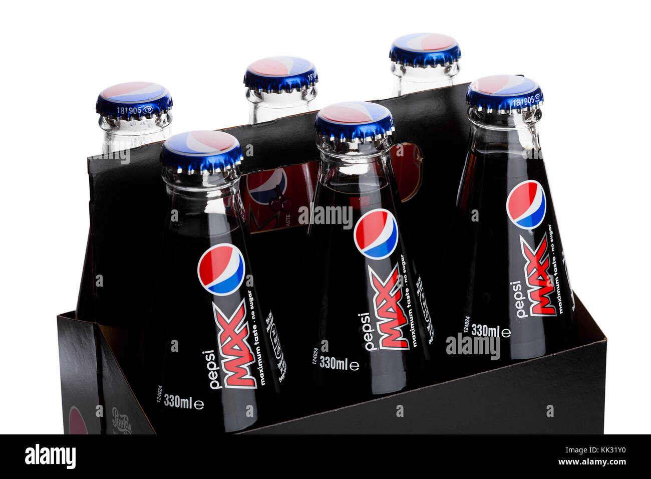 LONDON, UK - November 24, 2017: Pax of six with glass Bottle of Pepsi Cola soft drink on white background.American multinational food and beverage com Stock Photo