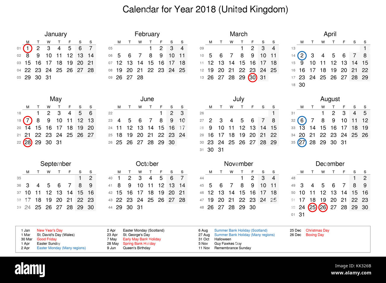 Calendar of year 2018 with public holidays and bank holidays for United  Kingdom Stock Photo - Alamy