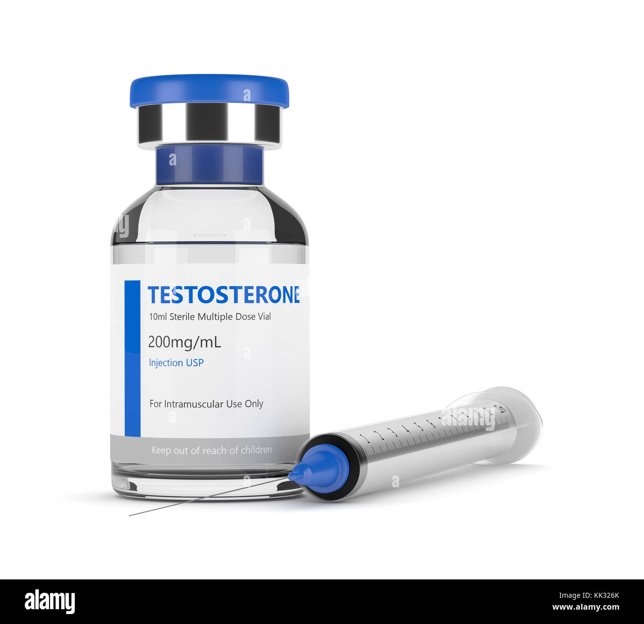 3d render of testosterone injection vial with syringe over white