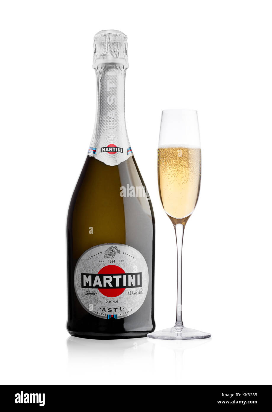 LONDON, UK - November 24, 2017: Bottle and glass of sparkling wine Martini Asti on white background. Produced in Italy Stock Photo
