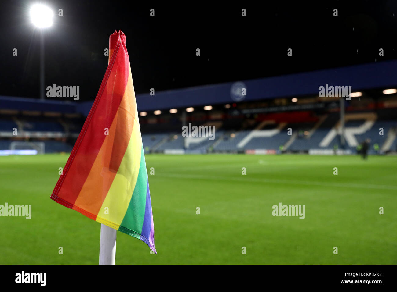 Rainbow coloured corner flags at Loftus Road, London Stock Photo Alamy