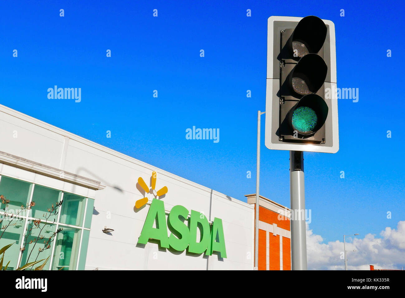 The Asda supermarket with traffic signal on green,Fleetwood,Lancashire