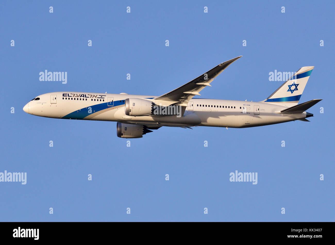 Dreamliner Boeing 787-9, El Al Israel Airlines, climbing out from London Heathrow Airport, UK. Stock Photo