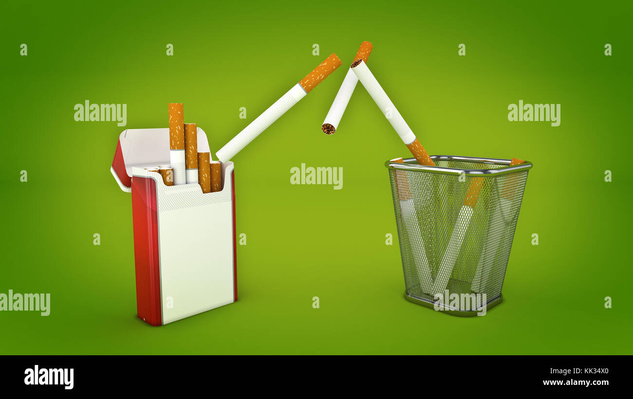 Bunch of cigarettes in the trash bin. Quit smoking concept. 3d ...