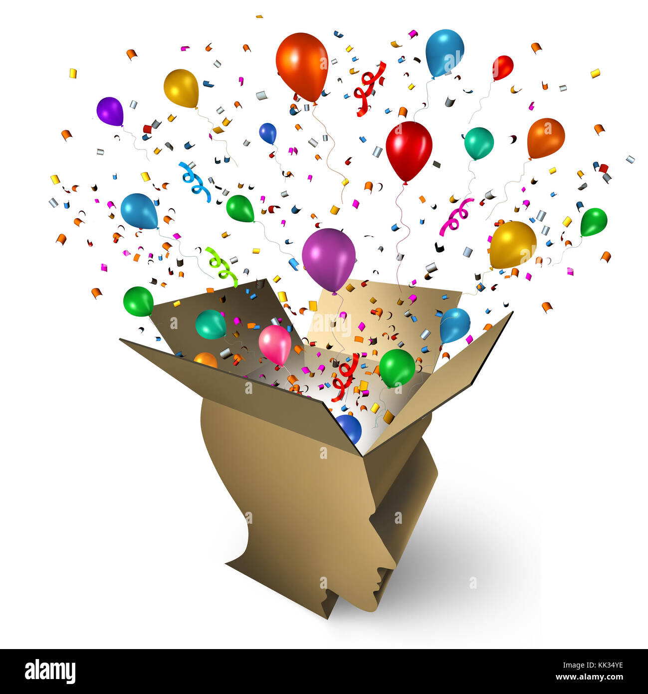 Prize winner and winning celebration with a box shaped as a human head with confetti and balloons exploding out as a celebration concept. Stock Photo