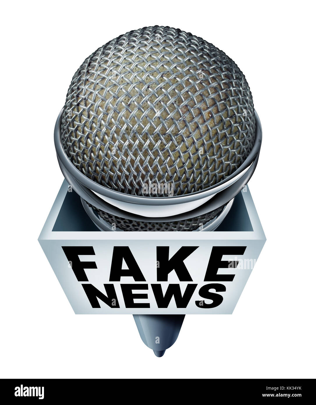 Fake news report concept and hoax journalistic reporting as a microphone with text as false media reporting metaphor and deceptive disinformation. Stock Photo