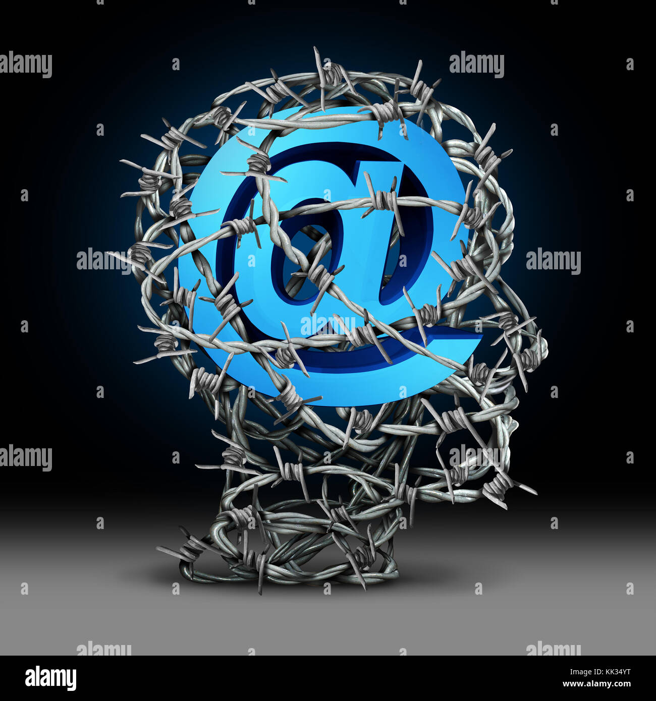 Internet privacy protection and cyber security technology information safety as an email symbol protected by barbed wire shaped as a person. Stock Photo