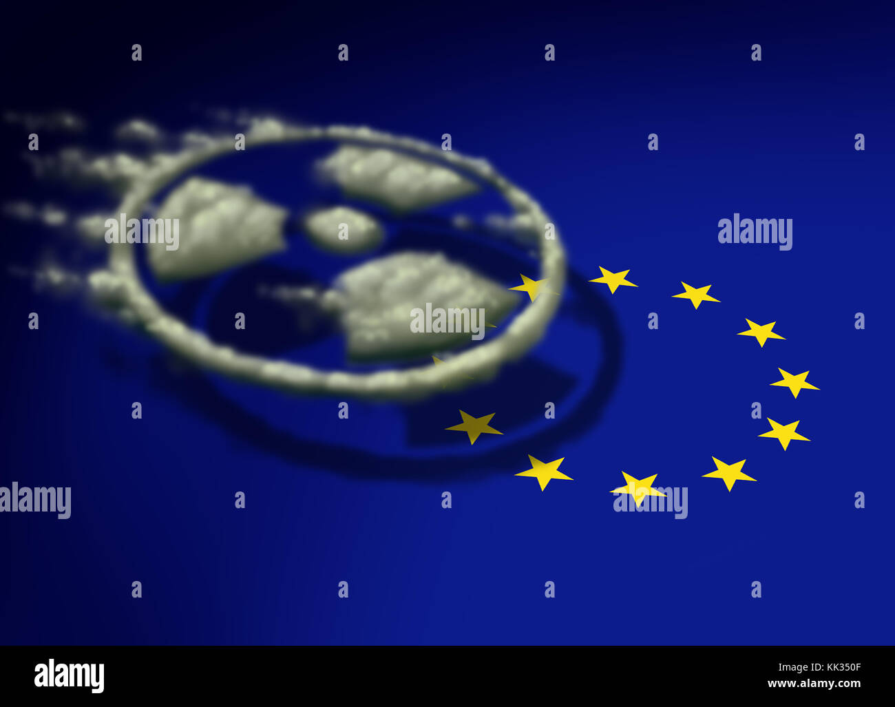 Radioactive cloud over europe as a gas shaped as a radiation icon drifting over a symbol of the european union in a 3D illustration style. Stock Photo