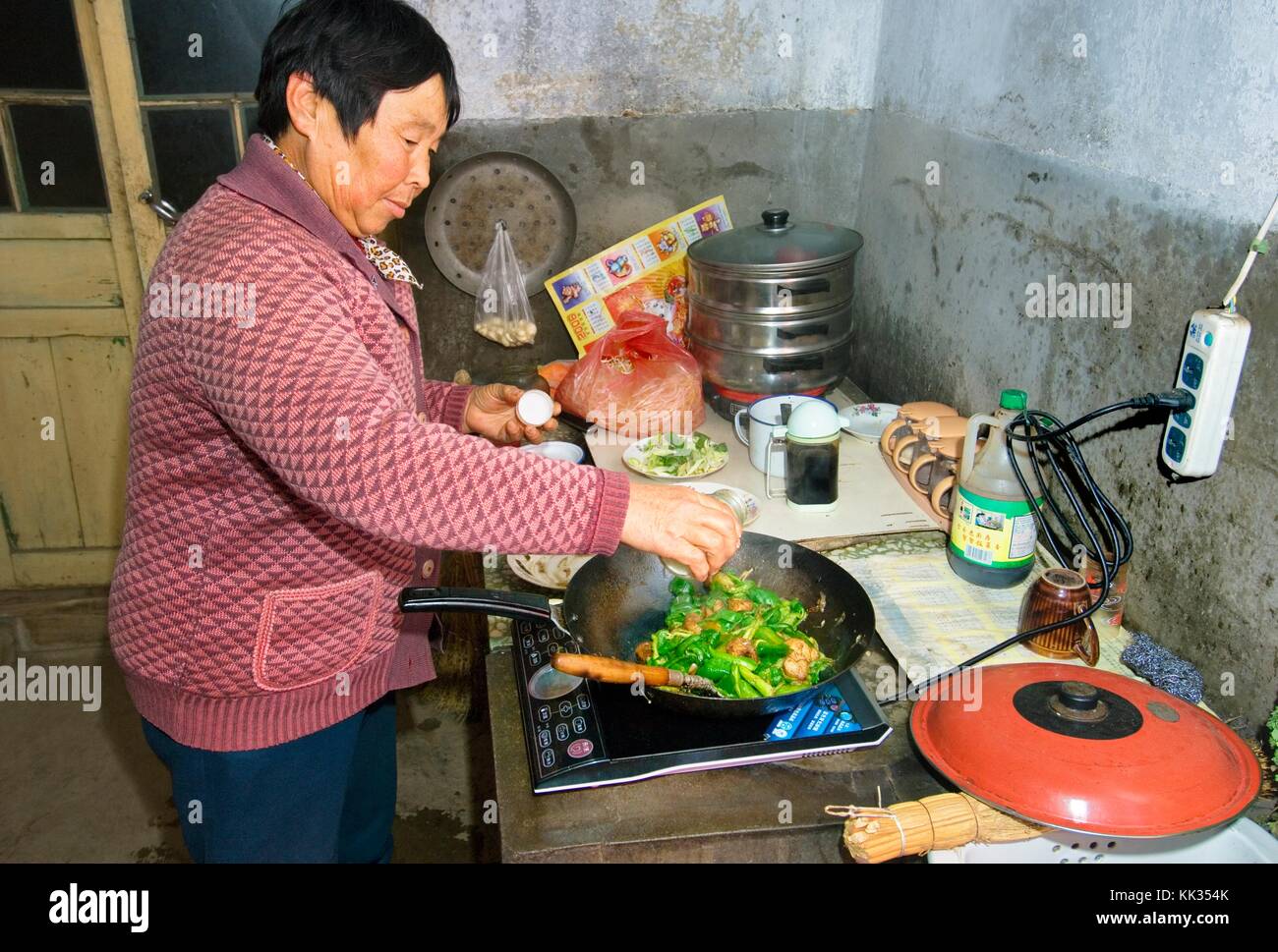 Farmer's wife cooking vegetable meal on electric hob in farm kitchen in village of Poli near Penglai, Shandong Province, China Stock Photo