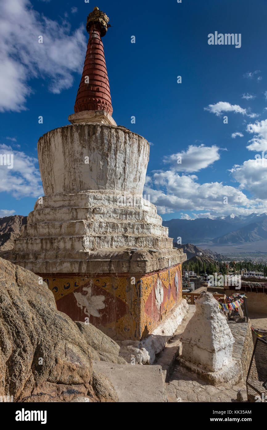 STUPA at LEH PALACE which was originally build by Sengge Namgyal in the 16th century and has been rebuilt recently - LEH, LADAKH, INDIA Stock Photo