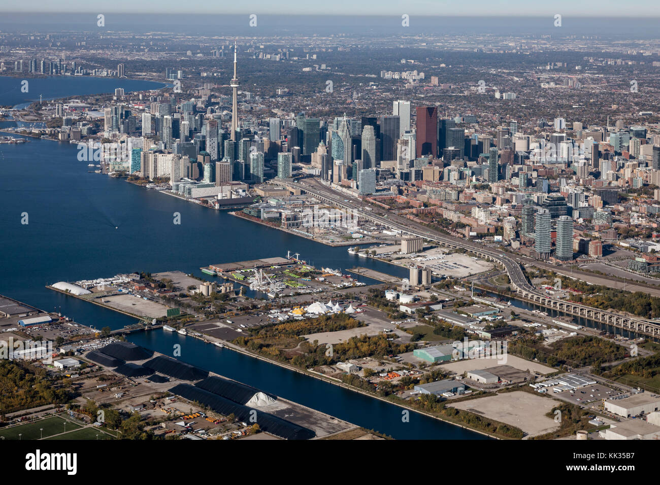 And aerial view of Toronto from the east showing the port lands and the waterfront. Stock Photo